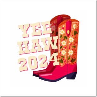 A pair of cowboy boots decorated with flowers and a hand lettering message Yeehaw 2024. Happy New Year colorful hand drawn vector illustration in bright vibrant colors. Greeting card design. Posters and Art